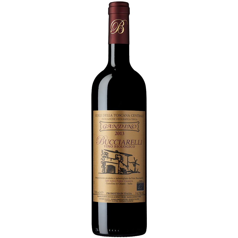Front view of Bucciarelli Gandino Colli Della Toscana Centrale 2013 75cl bottle on white background.