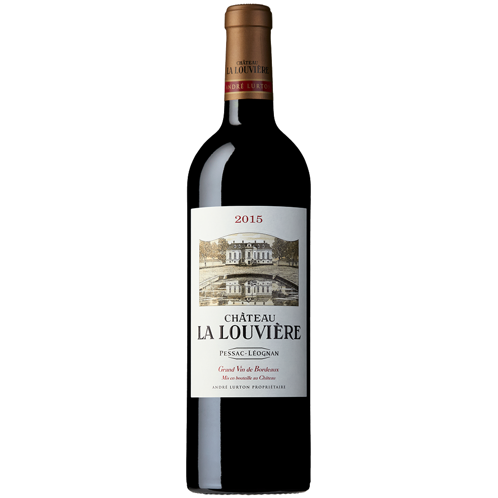 Front view of a bottle of Chateau La Louviere Rouge 2015 Pessac Leognan 75cl on a white background.