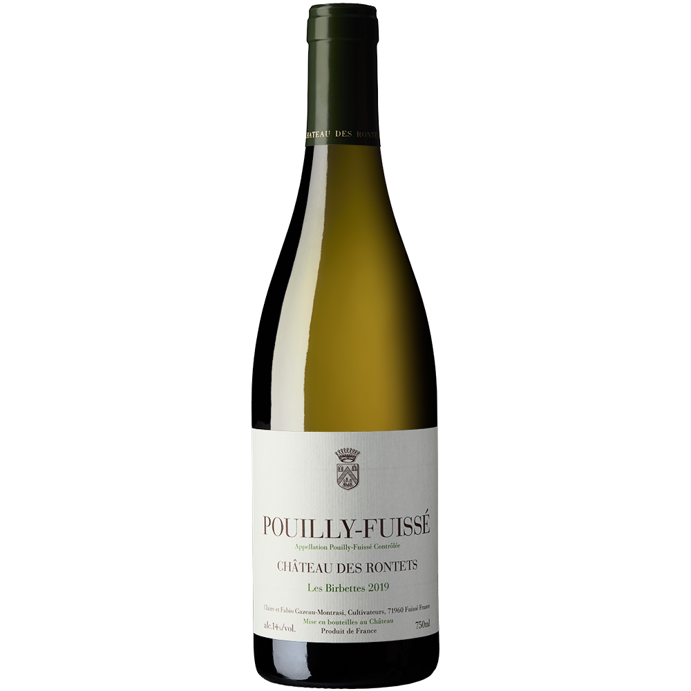 Front view of a bottle of Chateau des Rontets Pouilly Fuisse Birbettes 2019 75cl on a white background.