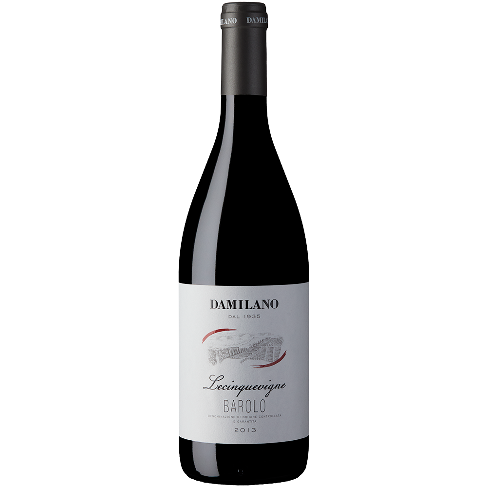 Front view of a bottle of Damilano Barolo Lecinquevigne 2013 75 Co on a white background.