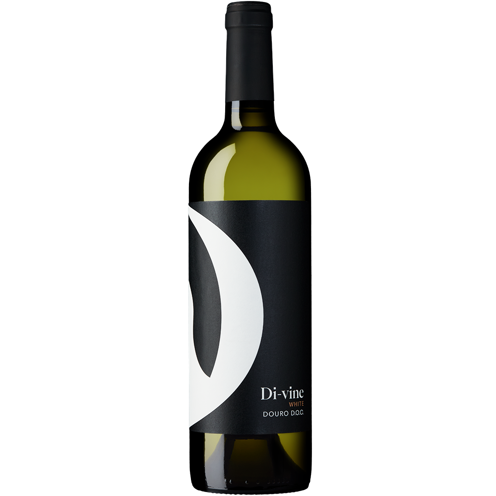 Front view of a bottle of “Di-vine” white wine 75cl on a white background.