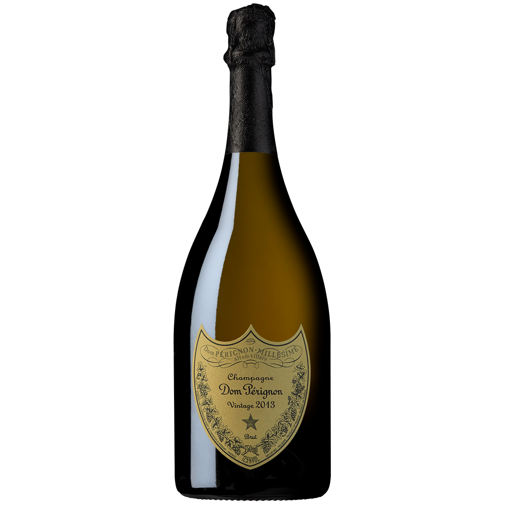 Front view of a bottle of Dom Perignon 2013 on a white background.