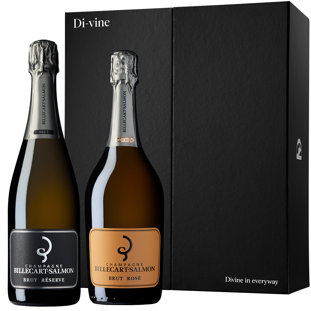 Front view of a bottle of Billecart-Salmon Brut Réserve and a bottle of Billecart-Salmon Brut Rosé in front of a “Di-vine” elevator gift box on a white background.