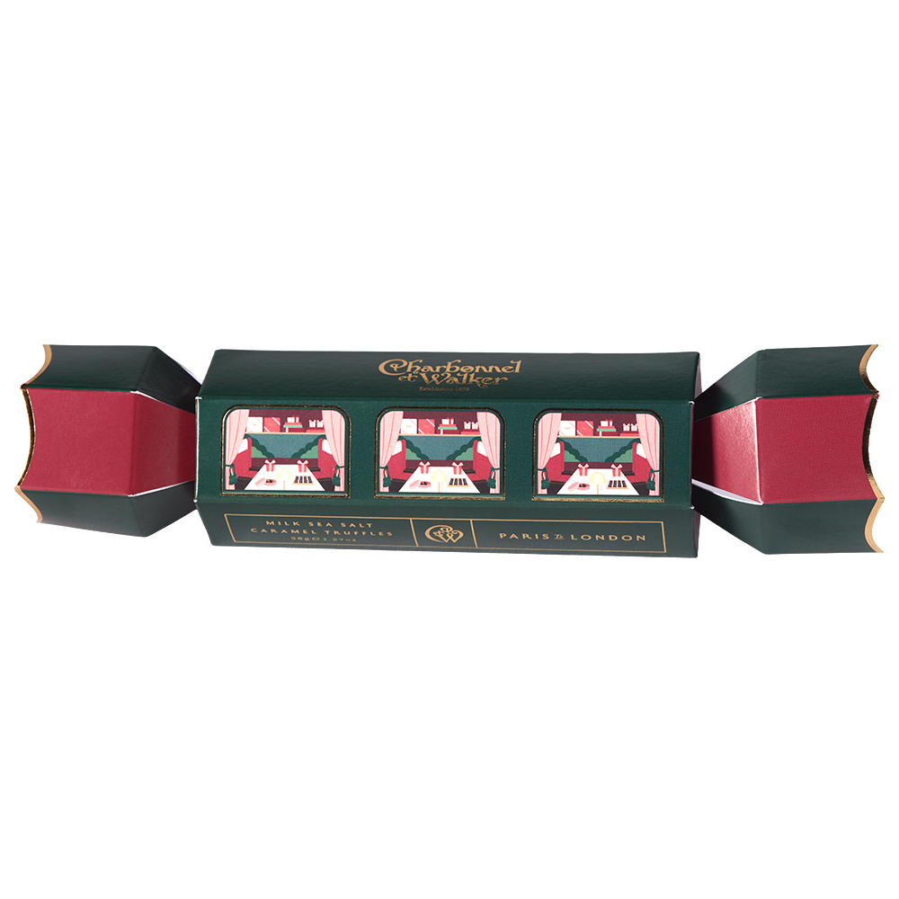 Moet Imperial Brut and Charbonnel & Walker milk sea salt caramel truffle cracker in a wooden box