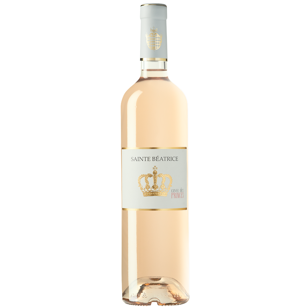 Front view of a bottle of Sainte Beatrice Cuvee de Princes Rosé on a white background.