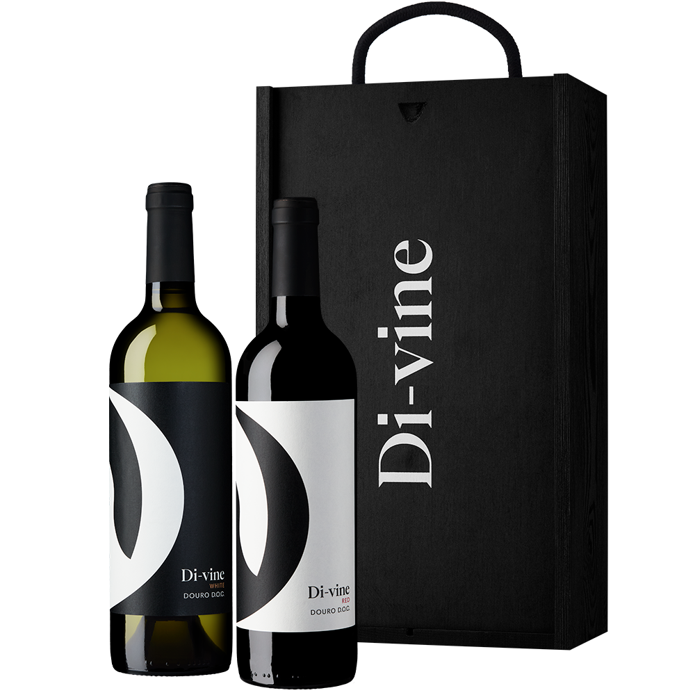 Front view of a bottle of “Di-vine” white wine and a bottle of “Di-vine” red wine in front of a black wooden gift box with “Di-vine” printed in white on the front of it. All on a white background.