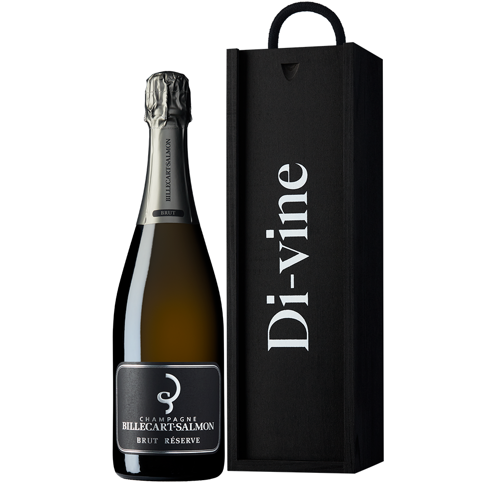 A bottle of Billecart-Salmon Brut Réserve 75cl and a black wooden gift box with “Di-vine” printed on it in white lettering. All on a white background.