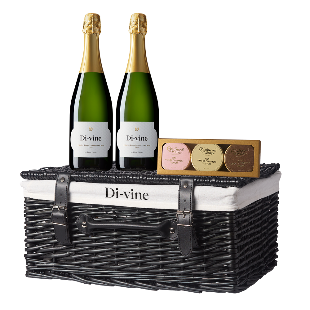 2 bottle Di-vine English Sparkling hamper with  Charbonnel & Walker trio of Champagne truffles