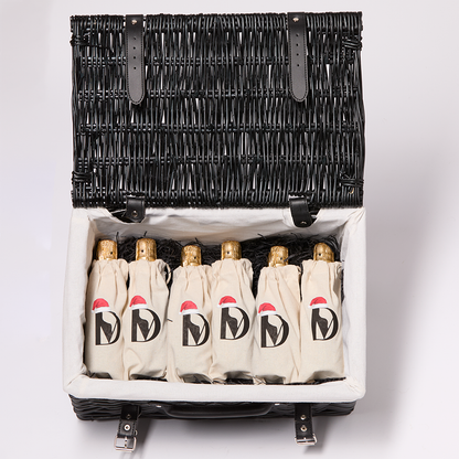 Black Wicker Hamper with 6 Mini Moet bottles and 6 Charbonnel & Walker Christmas Crackers