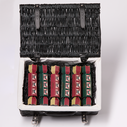 Black Wicker Hamper with 6 Mini Moet bottles and 6 Charbonnel & Walker Christmas Crackers