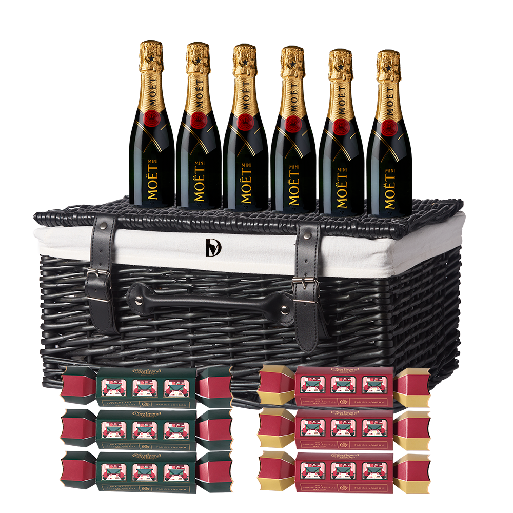 Black Wicker Hamper with 6 Mini Moet bottles and 6 Charbonnel & Walker Christmas Crackers