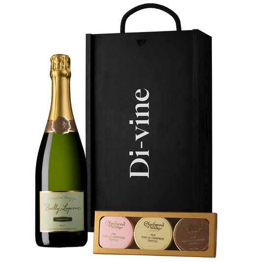 Cremant and trio of Charbonel & Walker champagne truffles in a wooden gift box