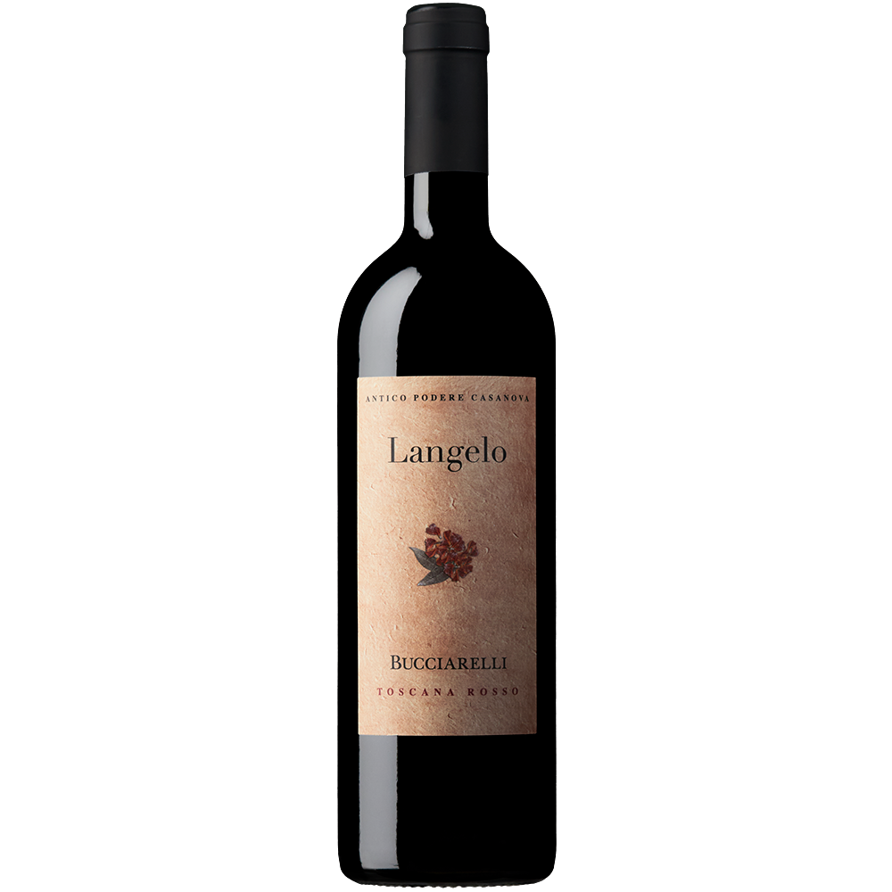 Front view of Bucciarelli Langelo Rosso IGT Toscana 2019 Castellina 75cl bottle on white background. 