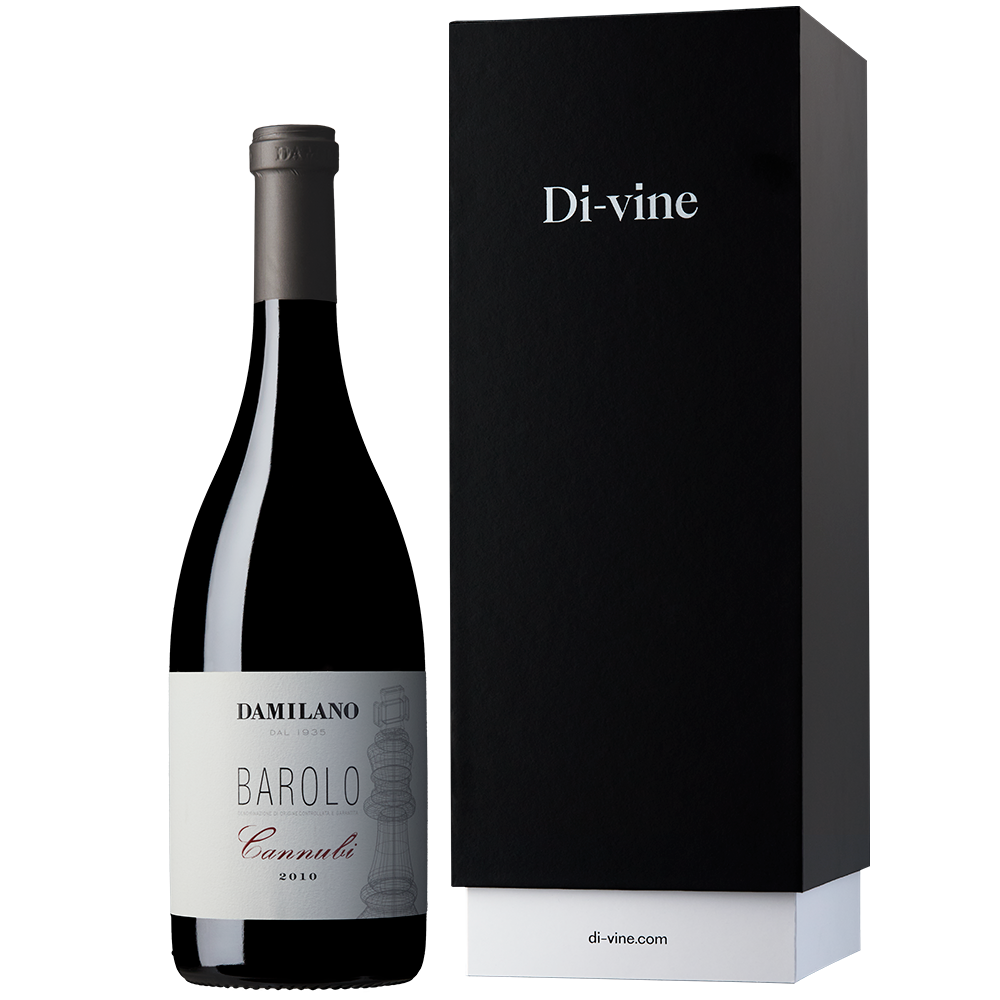 A bottle of Damilano Barolo Cannubi 2010 75cl and a black and white gift box with “Di-vine” printed on it in white lettering. All on a white background. 