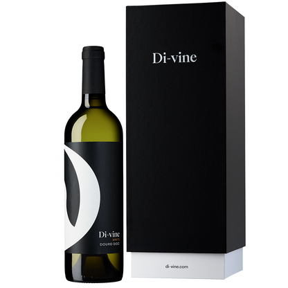 Front view of a bottle of “Di-vine” white wine and a black and white gift box with “Di-vine” printed on the front, all on a white background. 