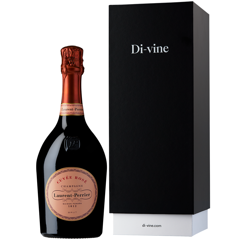 Front view of a bottle of Laurent-Perrier Rosé and a black and white gift box with “Di-vine” printed on the front, all on a white background.