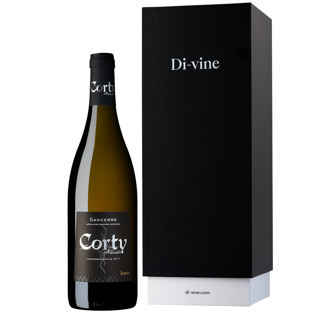 Front view of a bottle of Moreux Corty Sancerre Blanc Intro 2022 and a black and white gift box with “Di-vine” printed on the front, all on a white background.