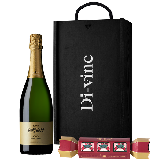 Cava and Charbonnel & Walker milk chocolate truffle cracker in a wooden box