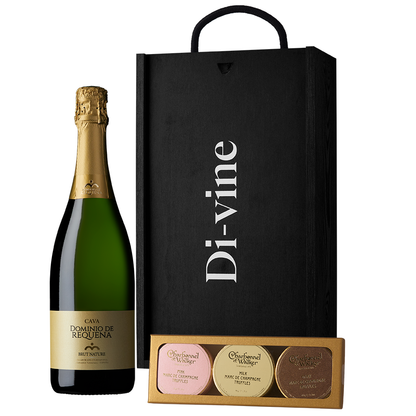 Cava and trio of Charbonel & Walker champagne truffles in a wooden gift box