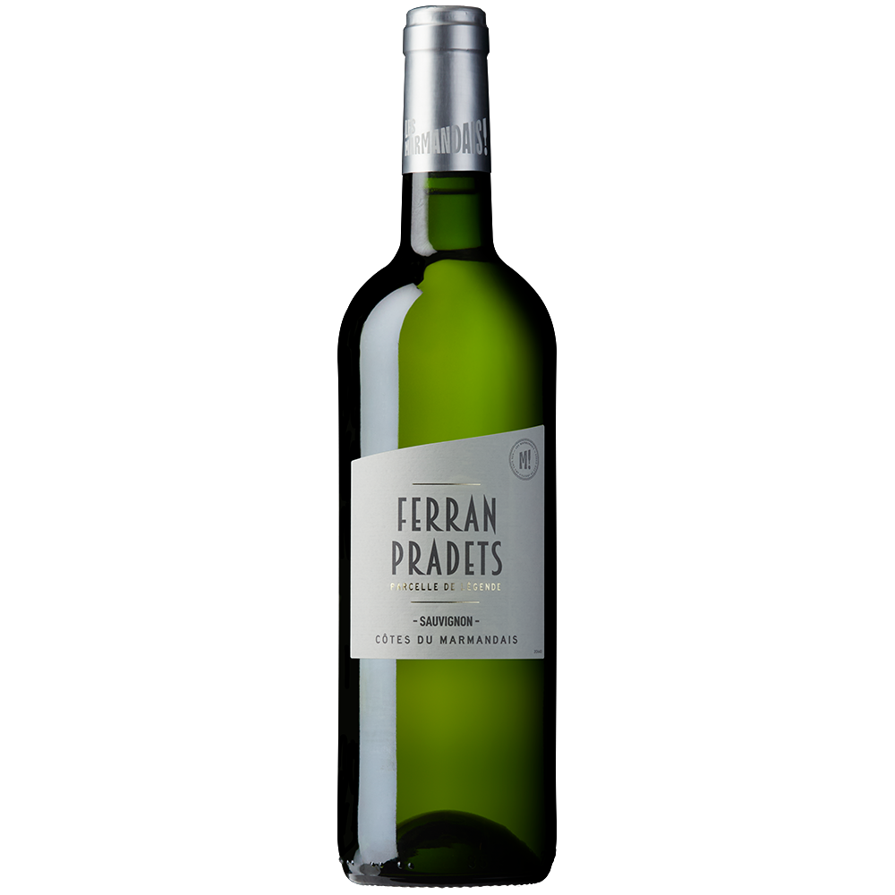 Front view of a bottle of Caves du Marmandais Ferran Pradets Sauvignon Blanc 2022 Cotes du Marmandais 75cl on a white background. 