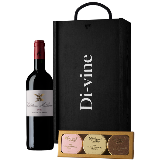 Chateau Anthonic Moulis-en-Médoc 2020 and trio of Charbonel & Walker champagne truffles in a wooden gift box
