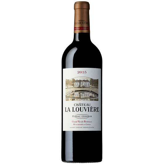 Front view of a bottle of Chateau La Louviere Rouge 2015 Pessac Leognan 75cl on a white background. 