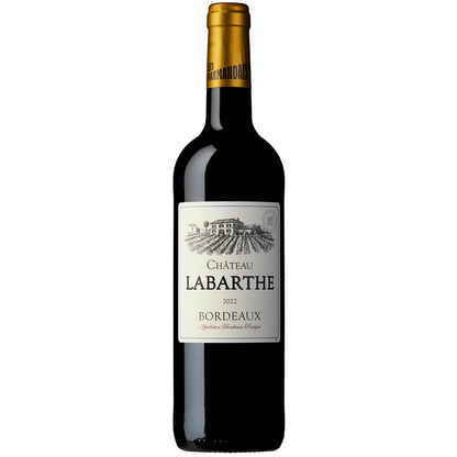 Front view of a bottle of Chateau Labarthe Rouge 2022 Bordeaux 75cl on a white background 