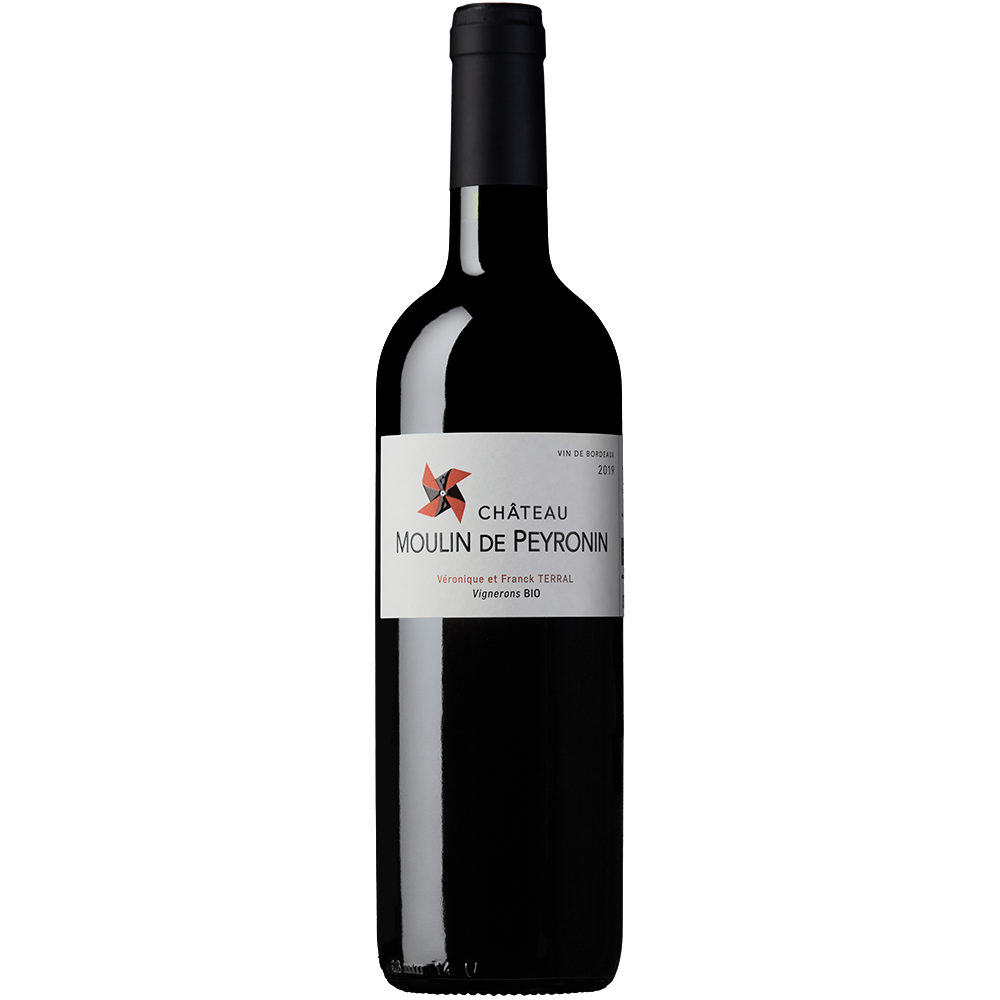 A front view of a bottle of Chateau Moulin de Peyronin Bordeaux Rouge 2019 on a white background