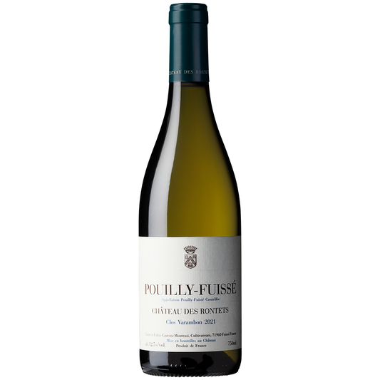 Front view of a bottle of Chateau des Rontets Pouilly Fuisse Clos Varambon 2021 75cl on a white background. 