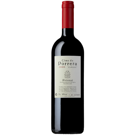 Front view of a bottle of Cims de Porrera Classic 2000 Priorat 75cl on a white background. 