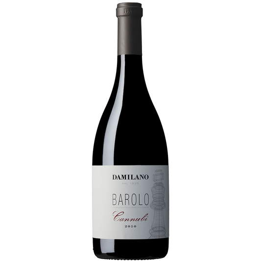 Front view of a bottle of Damilano Barolo Cannubi 2010 75cl on a white background. 