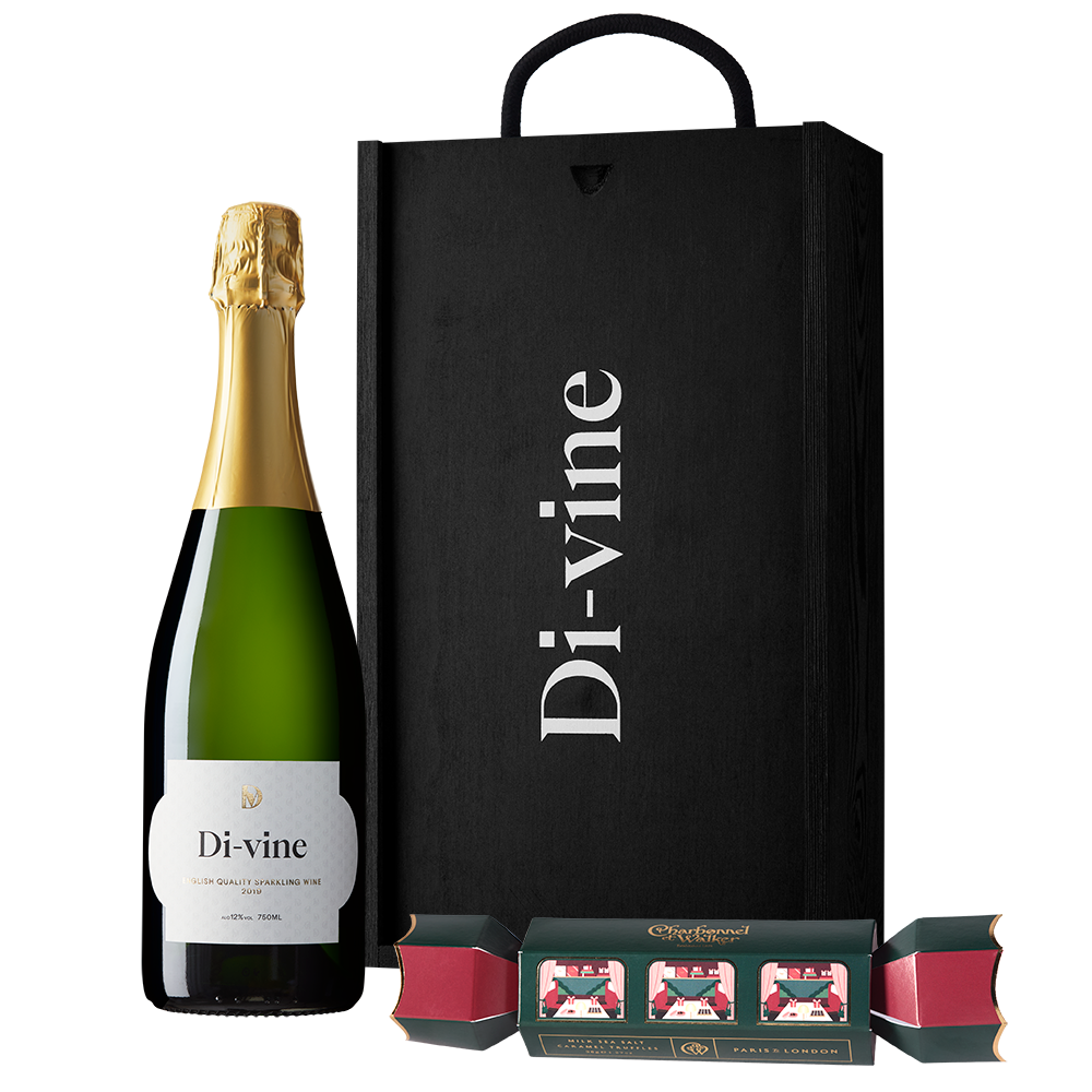 Di-vine English Sparkling and Charbonnel & Walker milk sea salt caramel truffle cracker in a wooden box