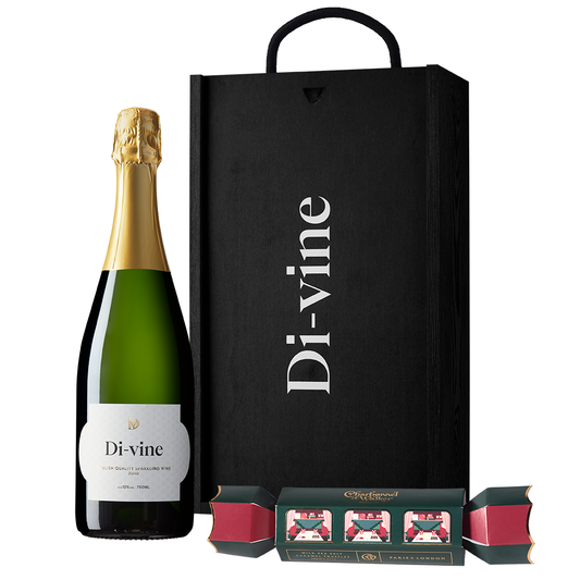 Di-vine English Sparkling and Charbonnel & Walker milk sea salt caramel truffle cracker in a wooden box