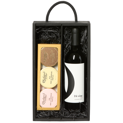 Di-vine red and trio of Charbonel & Walker champagne truffles in a wooden gift box