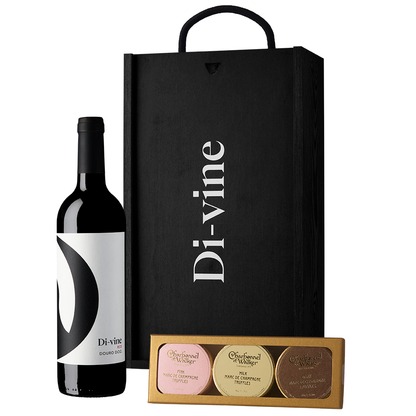 Di-vine red and trio of Charbonel & Walker champagne truffles in a wooden gift box