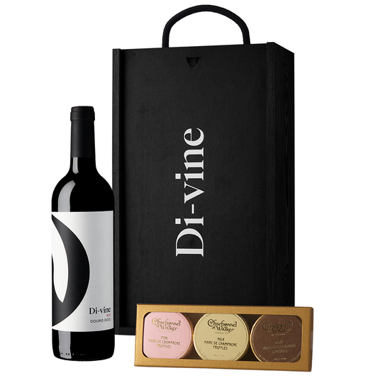 Di-vine red and trio of Charbonel & Walker champagne truffles in a wooden gift box