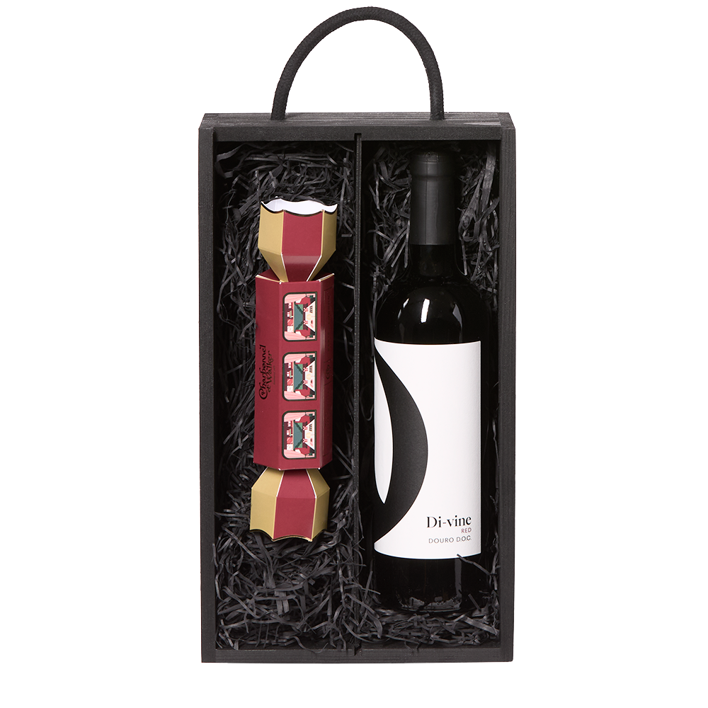 Di-vine red wine and Charbonnel & Walker milk chocolate truffle cracker in a wooden box