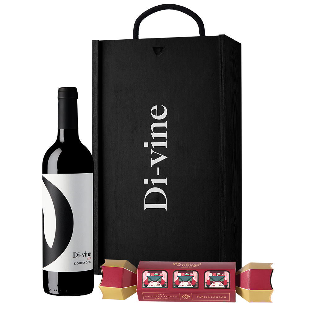 Di-vine red wine and Charbonnel & Walker milk chocolate truffle cracker in a wooden box