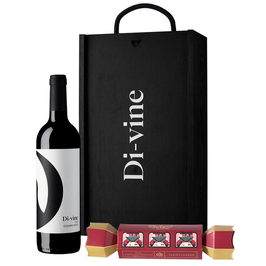 Di-vine red wine and Charbonnel & Walker milk chocolate truffle cracker in a wooden box