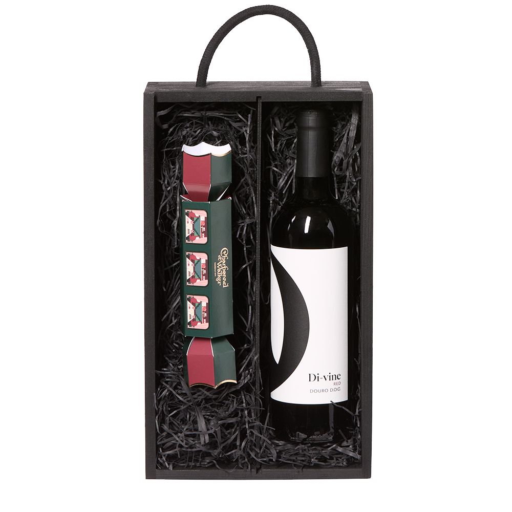 Di-vine red wine and Charbonnel & Walker milk sea salt caramel truffle cracker in a wooden box