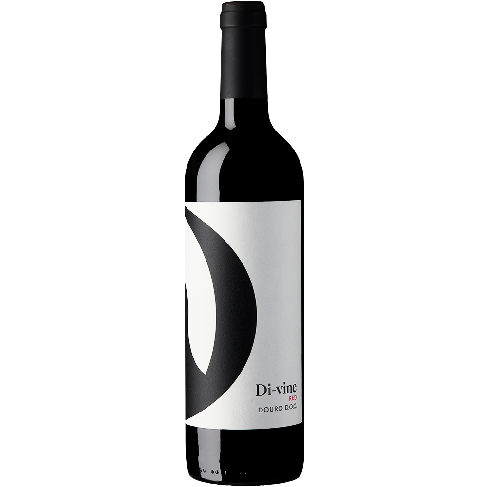 Front view of a bottle of “Di-vine” red wine on a white background. 