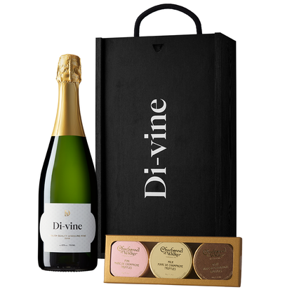 Di-vine English Sparkling and trio of Charbonel & Walker champagne truffles in a wooden gift box