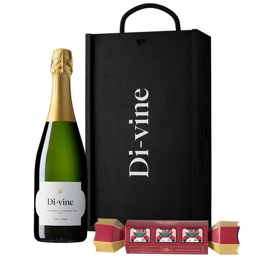 Di-vine English sparkling and Charbonnel & Walker milk chocolate truffle cracker in a wooden box