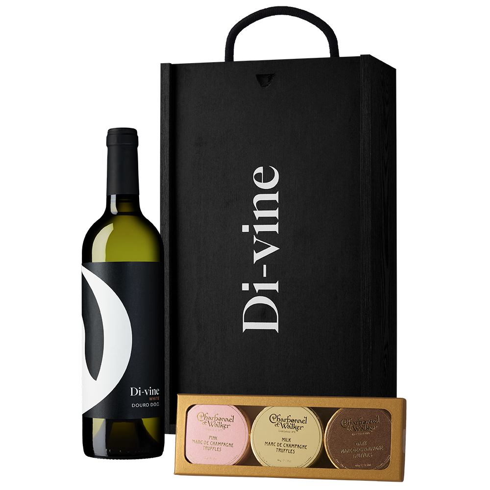Di-vine white wine and trio of Charbonel & Walker champagne truffles in a wooden gift box