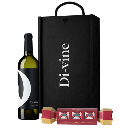 Di-vine white wine and Charbonnel & Walker milk chocolate truffle cracker in a wooden box