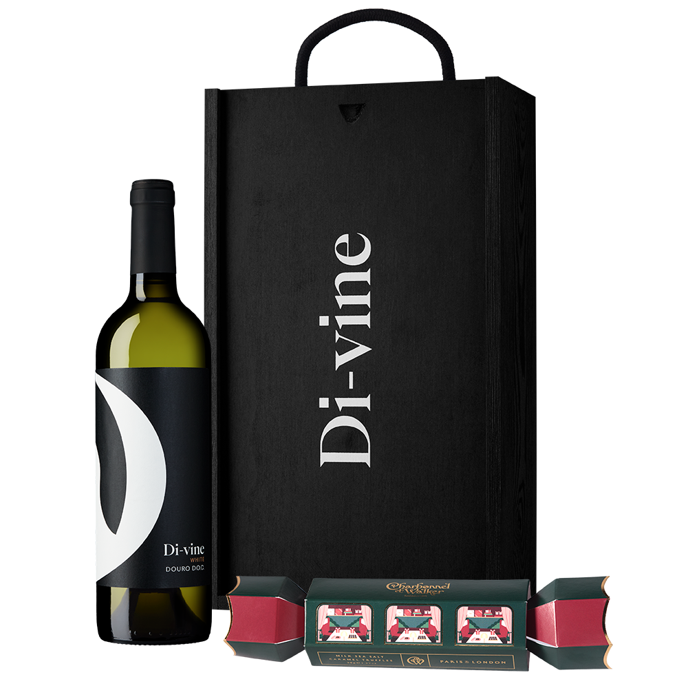 Di-vine white wine and Charbonnel & Walker milk sea salt caramel truffle cracker in a wooden box