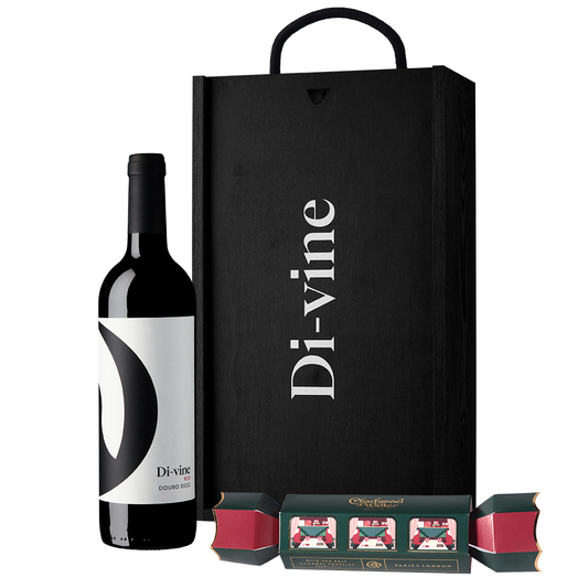 Di-vine red wine and Charbonnel & Walker milk sea salt caramel truffle cracker in a wooden box