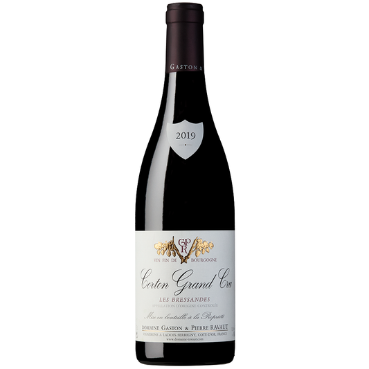 Front view of a bottle of Domaine Ravaut Corton Bressandes Grand Cru 2019 75cl on a white background.