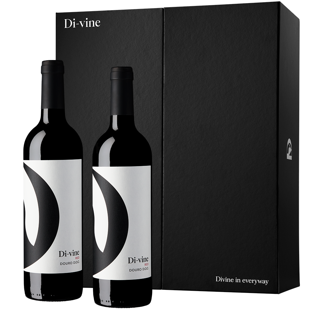 Front view of 2 bottles of "Di-vine" red wine in front of a black “Di-vine” elevator gift box on a white background.