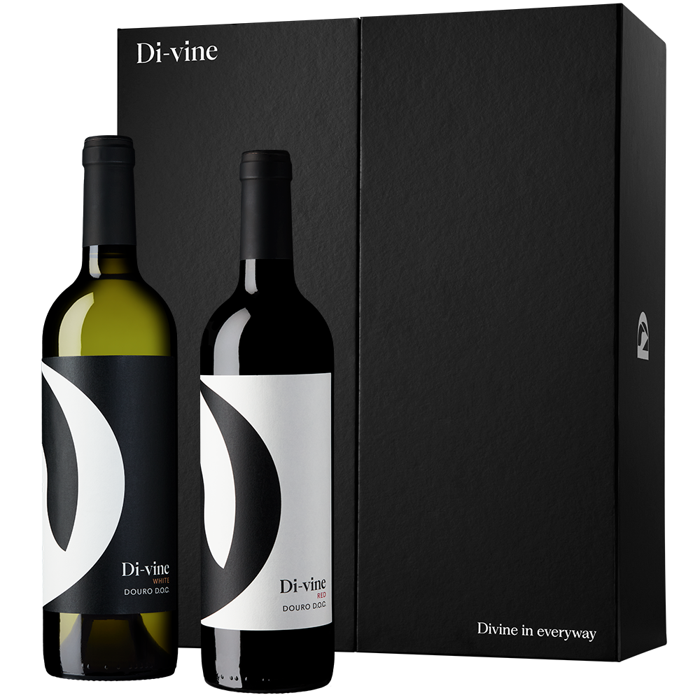 Front view of a bottle of “Di-vine” white wine and a bottle of “Di-vine” red wine in front of a “Di-vine” elevator gift box on a white background. 